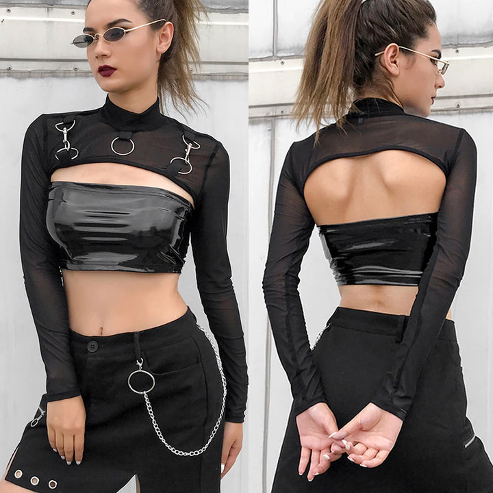 Dark Transparent Mesh Crop Top Dark Tiger