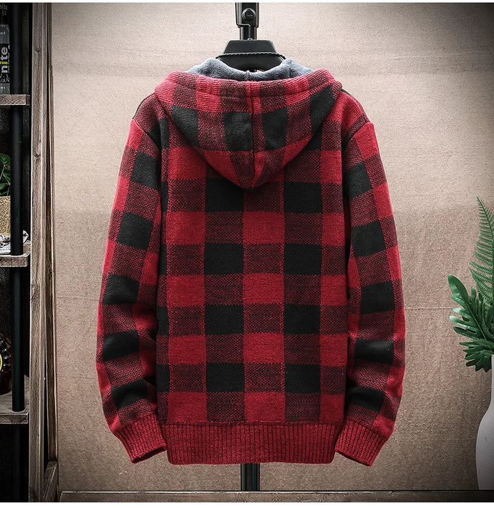 Vintage Warm Hooded Plaid Cardigan Dark Tiger
