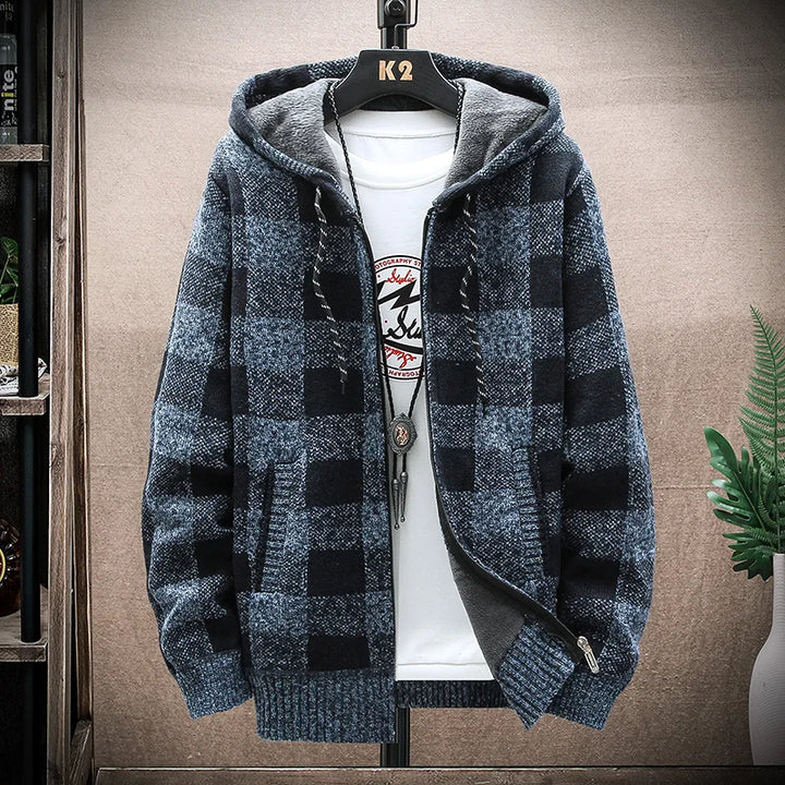 Vintage Warm Hooded Plaid Cardigan Dark Tiger