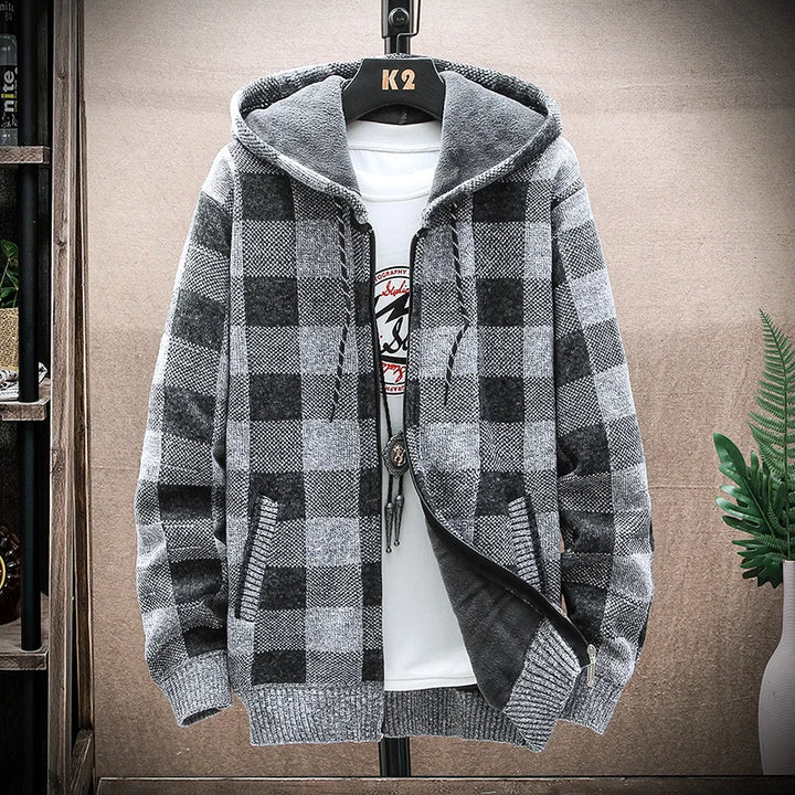 Vintage Warm Hooded Plaid Cardigan Dark Tiger