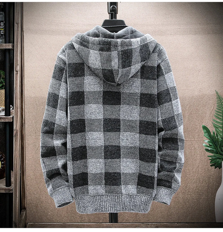 Vintage Warm Hooded Plaid Cardigan Dark Tiger