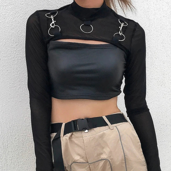 Dark Transparent Mesh Crop Top Dark Tiger