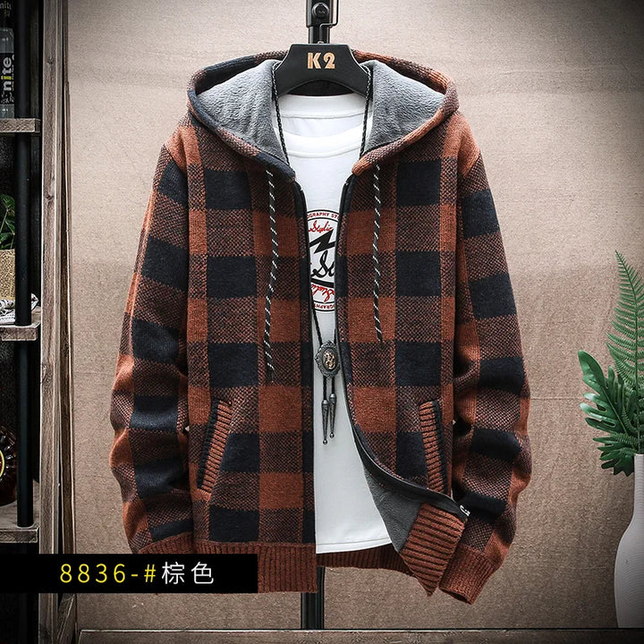 Vintage Warm Hooded Plaid Cardigan Dark Tiger
