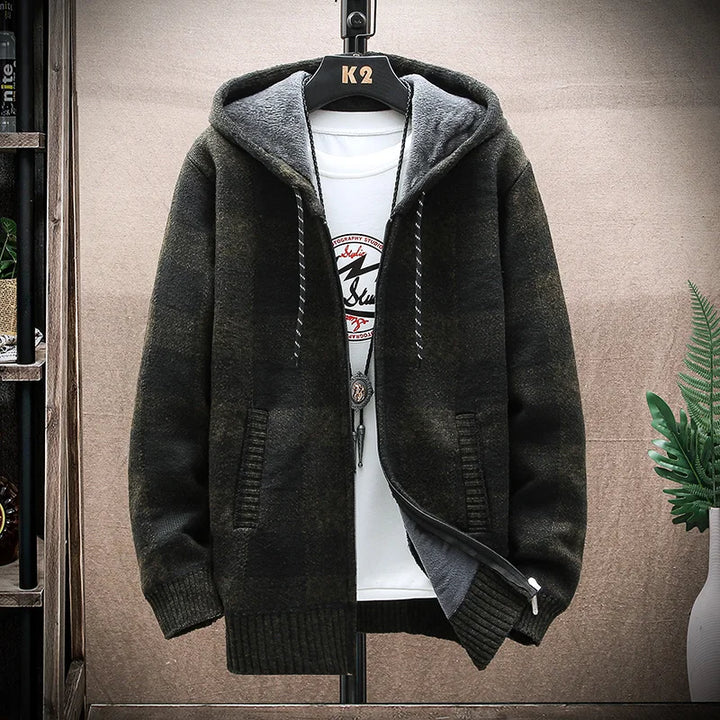 Vintage Warm Hooded Plaid Cardigan Dark Tiger