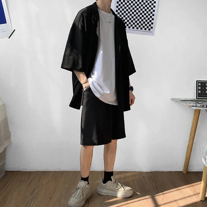 Korean Casual Outfit Set - Short Sleeve Blazer & Shorts Dark Tiger