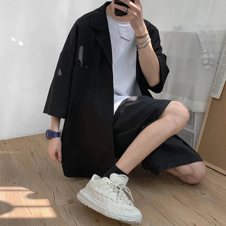 Korean Casual Outfit Set - Short Sleeve Blazer & Shorts Dark Tiger