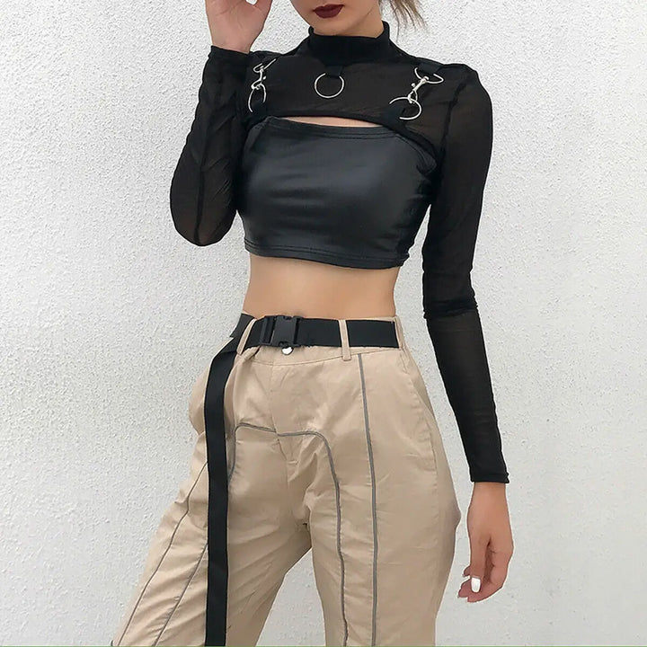 Dark Transparent Mesh Crop Top Dark Tiger