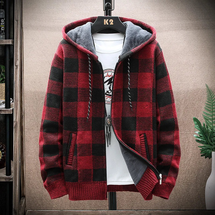 Vintage Warm Hooded Plaid Cardigan Dark Tiger