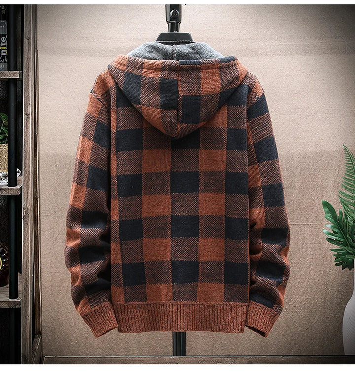 Vintage Warm Hooded Plaid Cardigan Dark Tiger