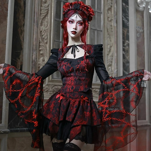 Gothic Red Lace Outfit Set - Blouse & Skirt Dark Tiger