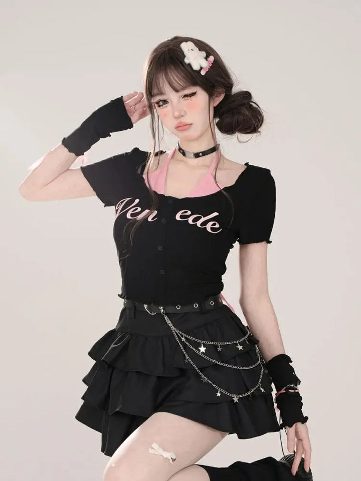 Women Black Gothic A-line Cake Skirt Vintage Y2k Skirt Aesthetic Harajuku Korean Elegant Kawaii Emo Skirts 2000s Trashy Clothes Dark Tiger