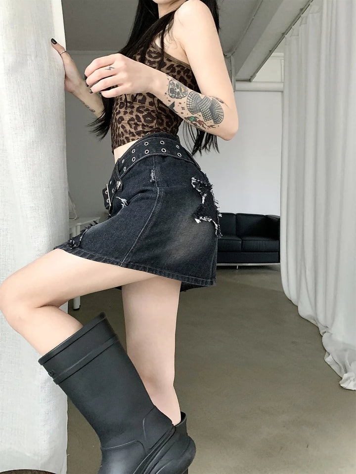 Y2k Denim Asymmetrical Mini Skirt Dark Tiger