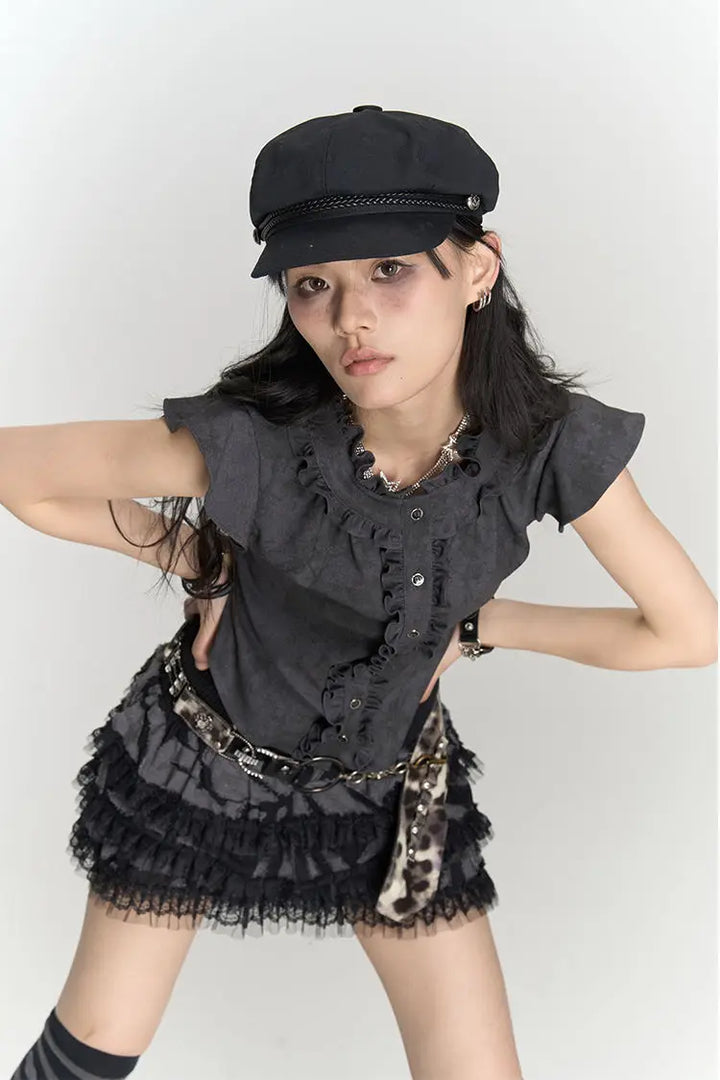 Japanese Flying Sleeve Ruffles Top Dark Tiger