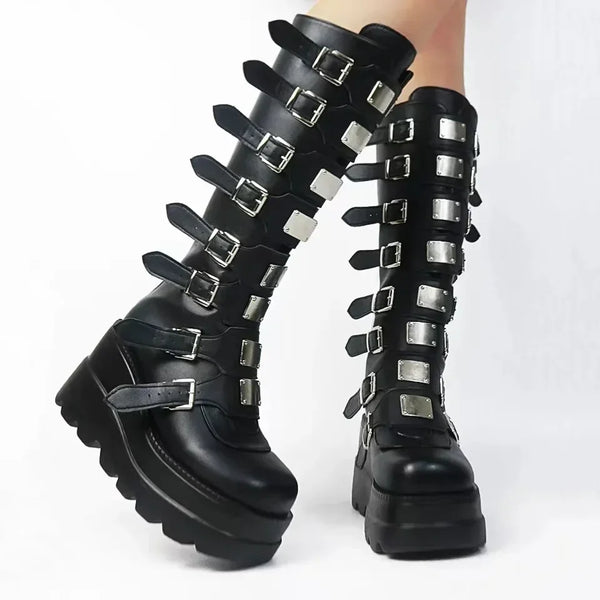 Punk Knee High Biker Boots Dark Tiger