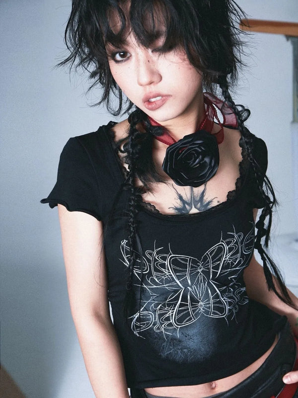Karrcat Japanese Y2k Tattoo Print T-shirt Grunge Aesthetics Lace Patchwork Short Sleeve T Shirt Vintage Gothic Black Crop Tops Dark Tiger