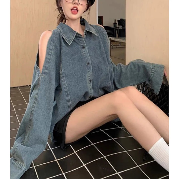 Retro Open Shoulders Oversized Denim Shirt Dark Tiger