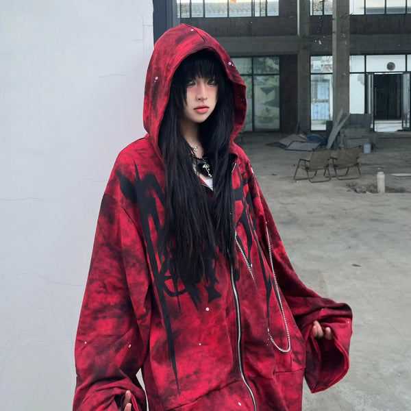 Y2K Oversized Zip Hoodie Dark Tiger