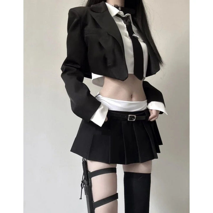 Korean Vintage Short Outfit Set — Blazer, Shirt & Skirt Dark Tiger