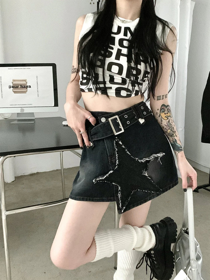 Y2k Denim Asymmetrical Mini Skirt Dark Tiger