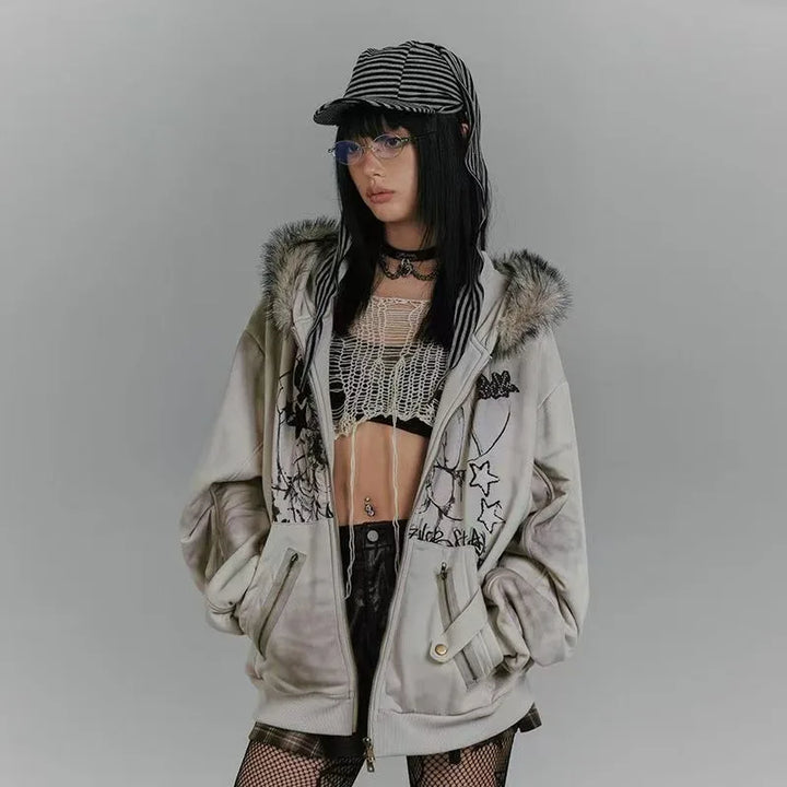 2000s Vintage Zip Hoodie Dark Tiger