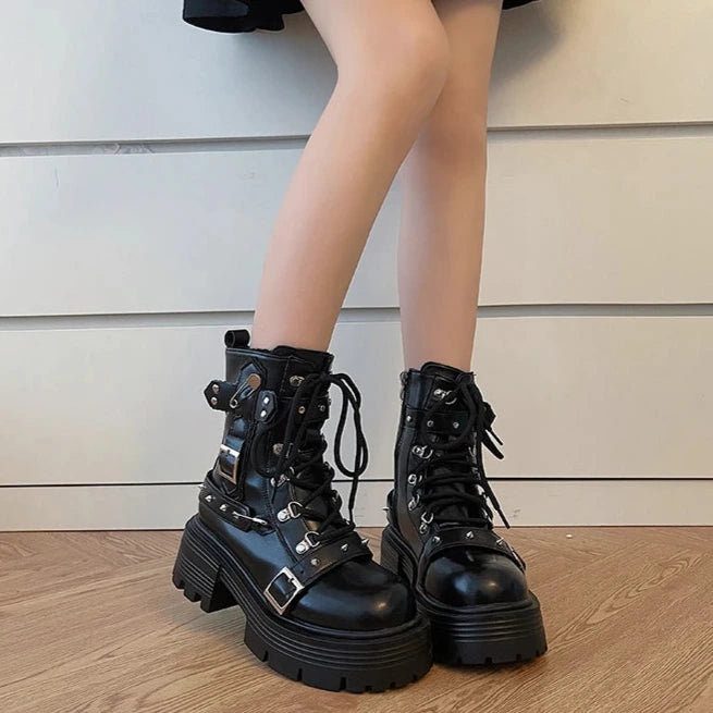 Retro Biker Platform Boots Dark Tiger