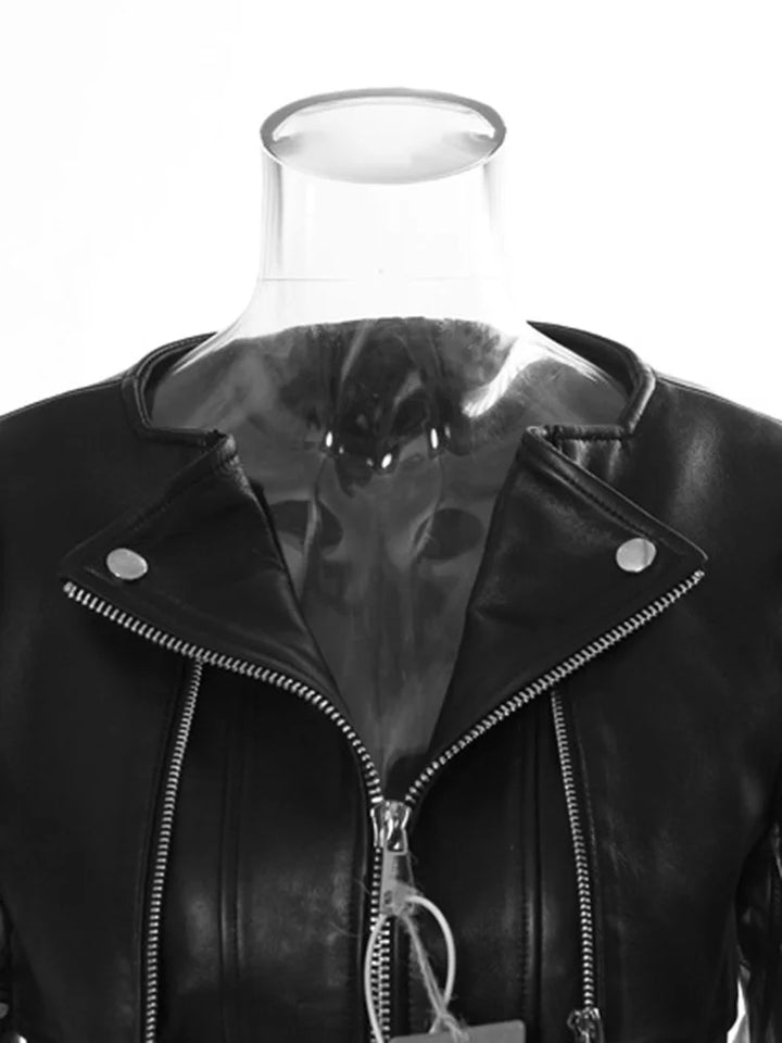 Sheer Ruffle Eco Leather Moto Jacket Dark Tiger