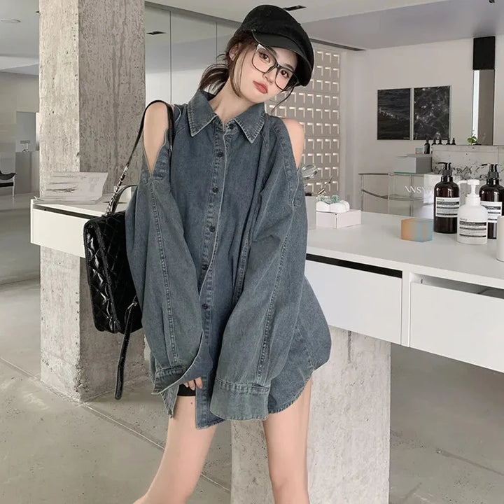 Retro Open Shoulders Oversized Denim Shirt Dark Tiger