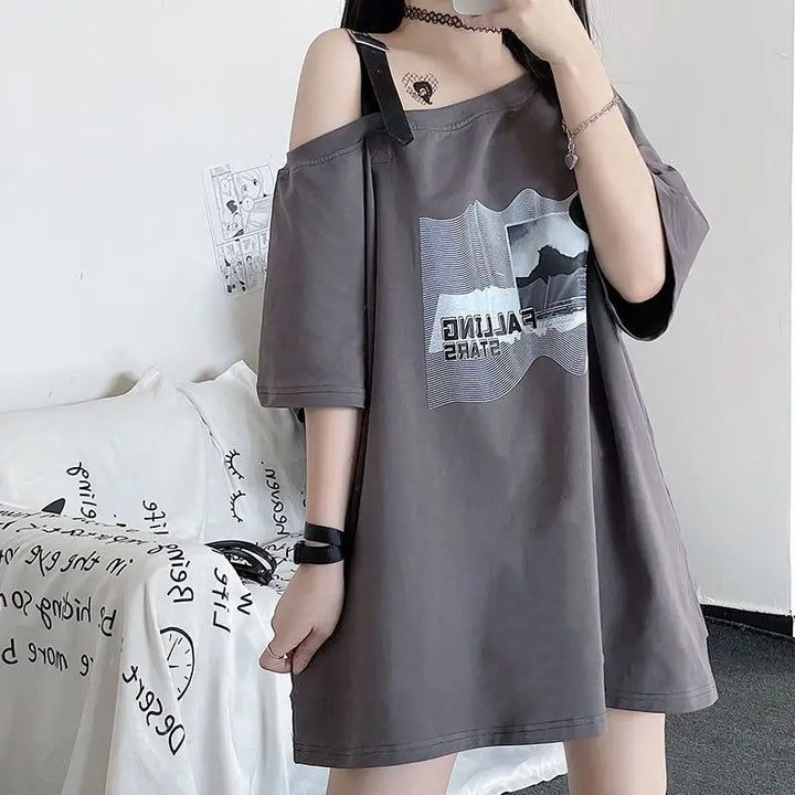 Oversized Off Shoulder Korean T-Shirt Dark Tiger