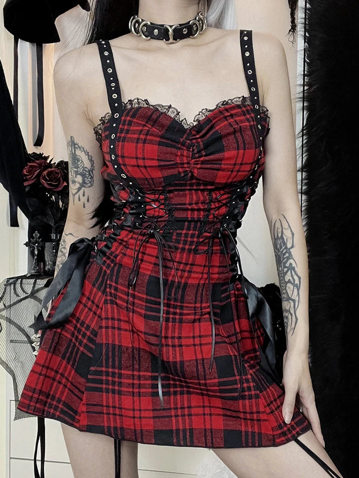 Goth Red Plaid Dress Dark Tiger