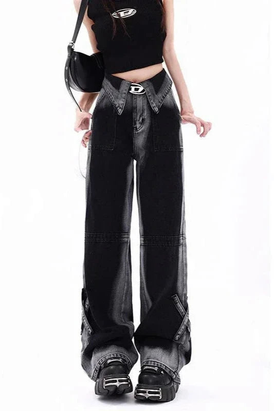 Korean High Waist Gradient Jeans Dark Tiger