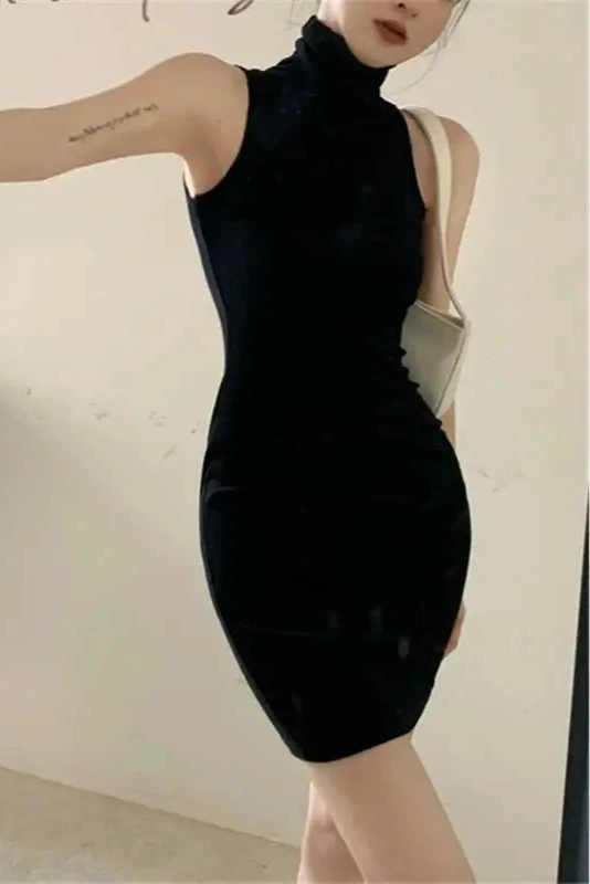 Summer Sexy High Neck Tight Dress Oversleeve Pleated Bottom Wrapped Hip Dress Women Bodycon Dark Tiger