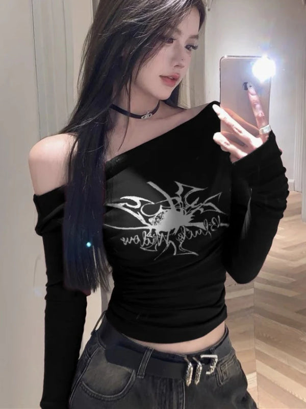 Korean Y2K Off-Shoulder Top Dark Tiger