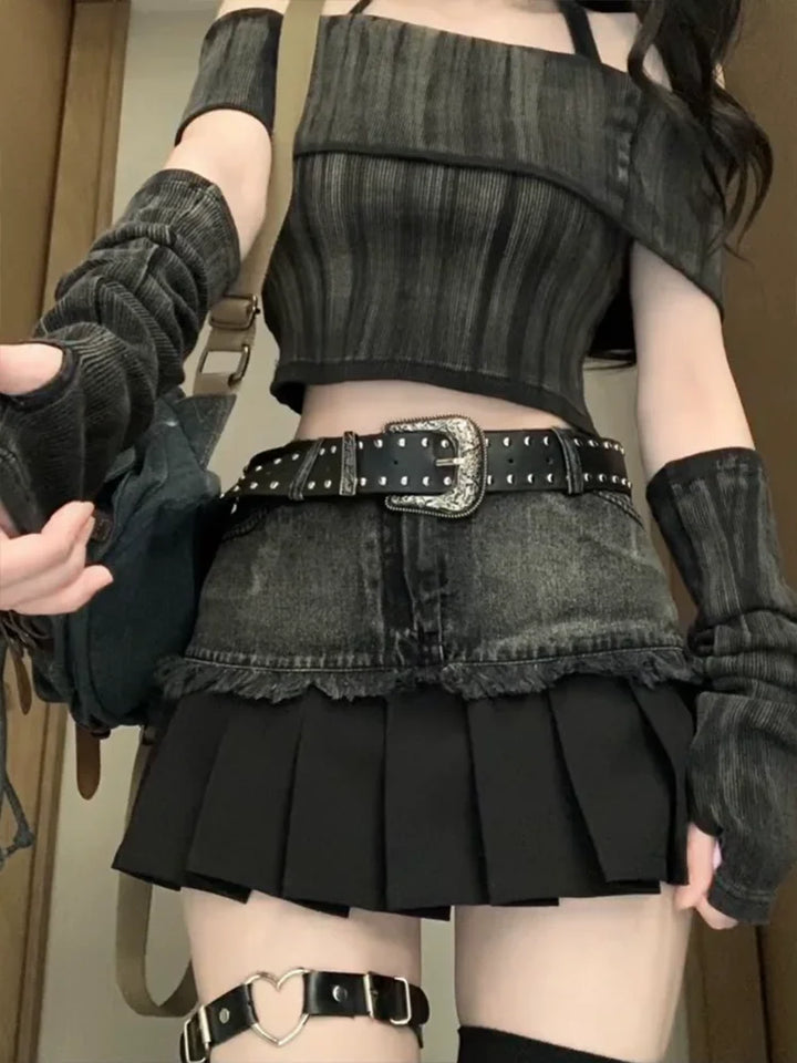 Y2k Gothic Pleated Denim Skirt Dark Tiger