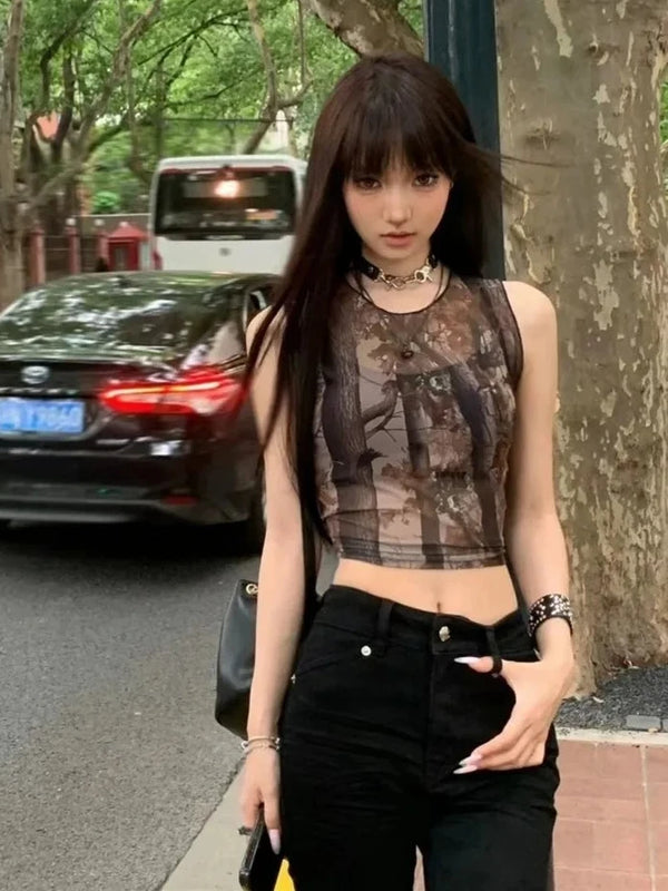 Y2k See Through Sleeveless Printed Top Dark Tiger