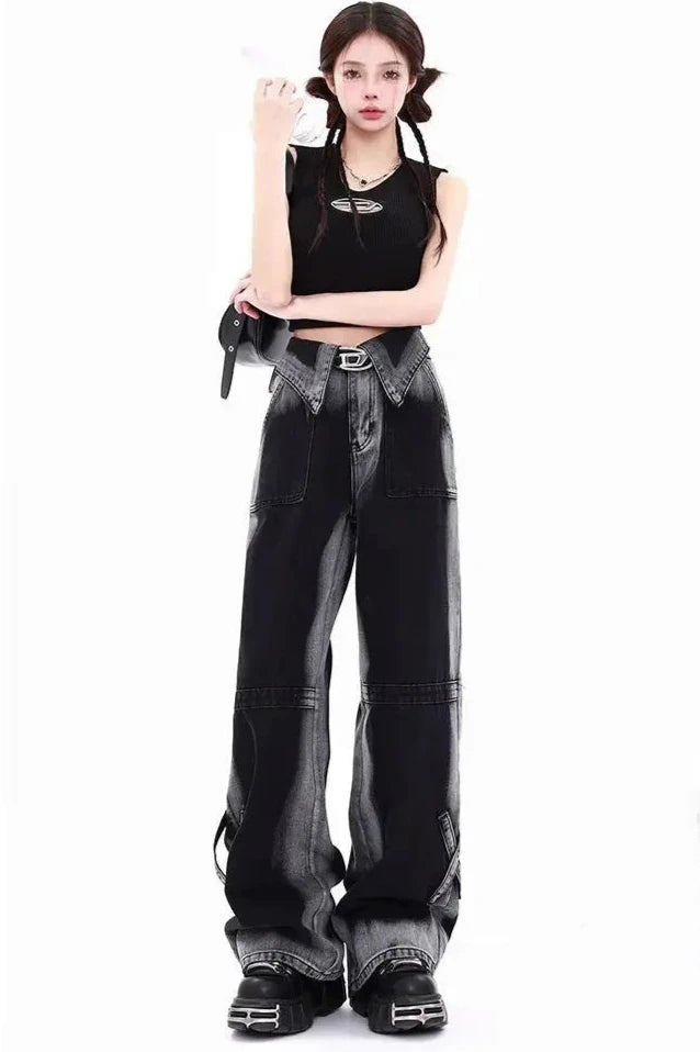 Korean High Waist Gradient Jeans Dark Tiger