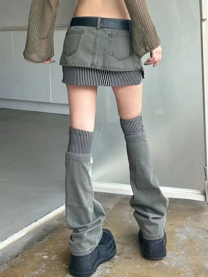 2000s Denim Outfit Set - Mini Skirt & Leg Warmers Dark Tiger