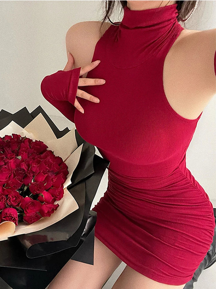 Summer Sexy High Neck Tight Dress Oversleeve Pleated Bottom Wrapped Hip Dress Women Bodycon Dark Tiger