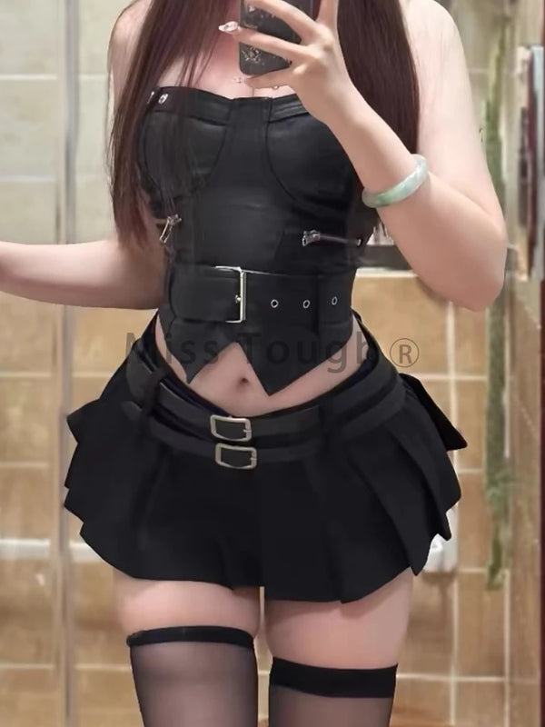 Sweet Y2K Outfit Set - Leather Top & Mini Skirt Dark Tiger