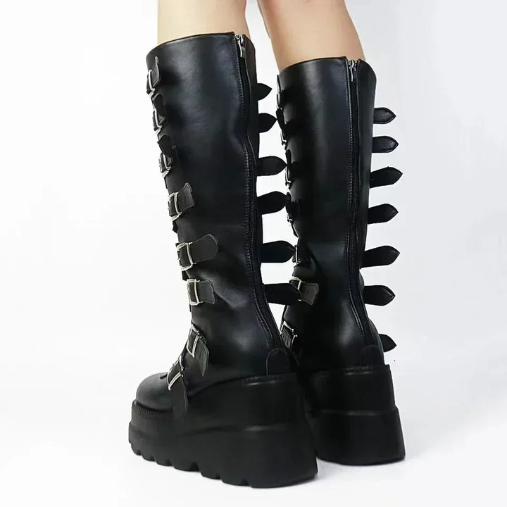 Punk Knee High Biker Boots Dark Tiger