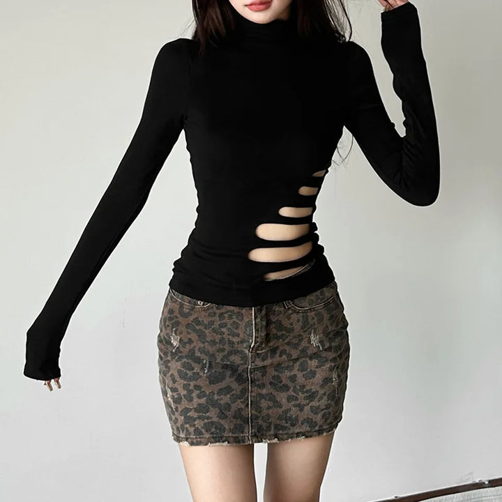 Goth Dark Alt Techwear Autumn Chic Y2k High Neck Long Sleeve Pullover Tops Sexy Hollow Out Solid T-shirt Women Slim Gothic Cloth Dark Tiger