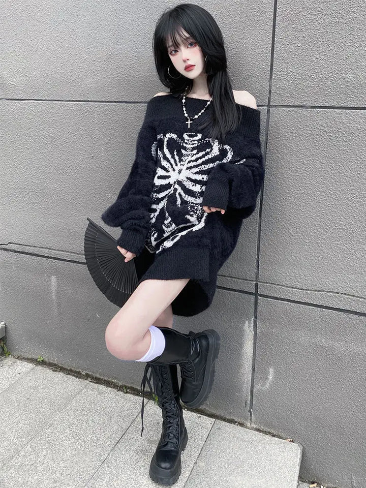 Y2K Gothic Off-Shoulder Jumper Dark Tiger