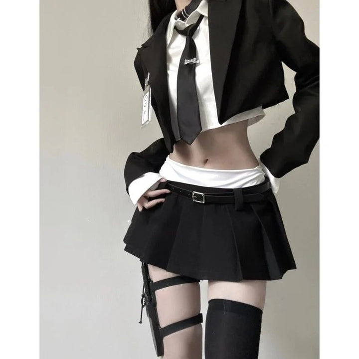 Korean Vintage Short Outfit Set — Blazer, Shirt & Skirt Dark Tiger