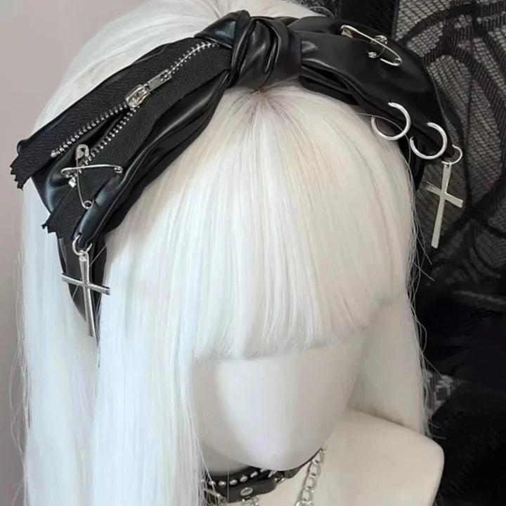 Gothic Bow Leather Harajuku Punk Zipper Pin Headbands Women Subculture Streewear Hair Band Y2K Girl  Headdress Hair Accessories Dark Tiger