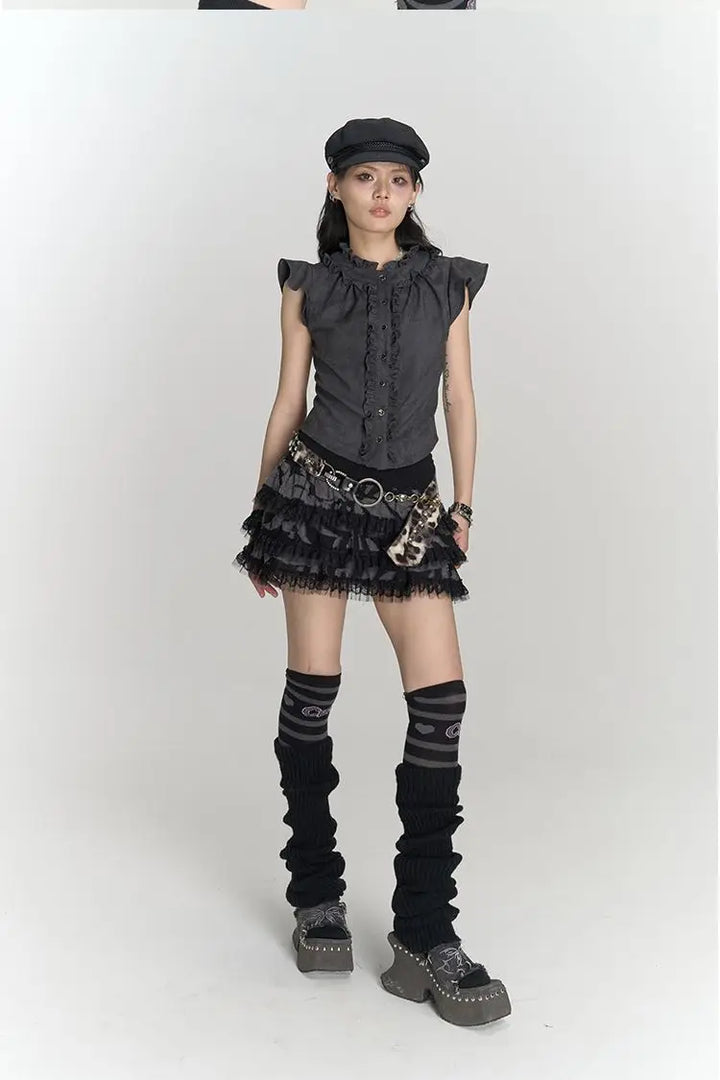 Japanese Flying Sleeve Ruffles Top Dark Tiger