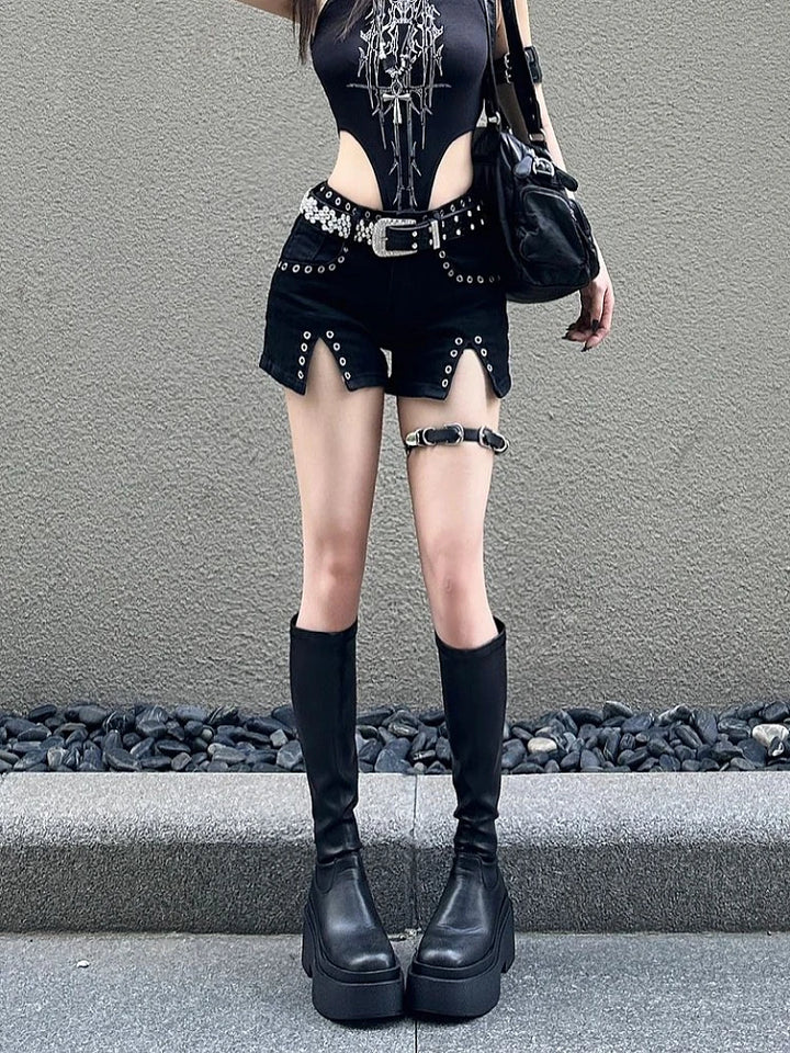 Punk Low Waist Denim Shorts Dark Tiger