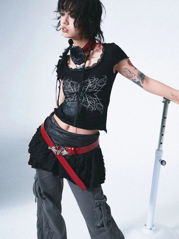 Karrcat Japanese Y2k Tattoo Print T-shirt Grunge Aesthetics Lace Patchwork Short Sleeve T Shirt Vintage Gothic Black Crop Tops Dark Tiger