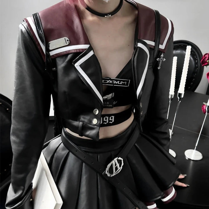 Korean Biker Eco Leather Outfit Set — Mini Skirt & Jacket Dark Tiger