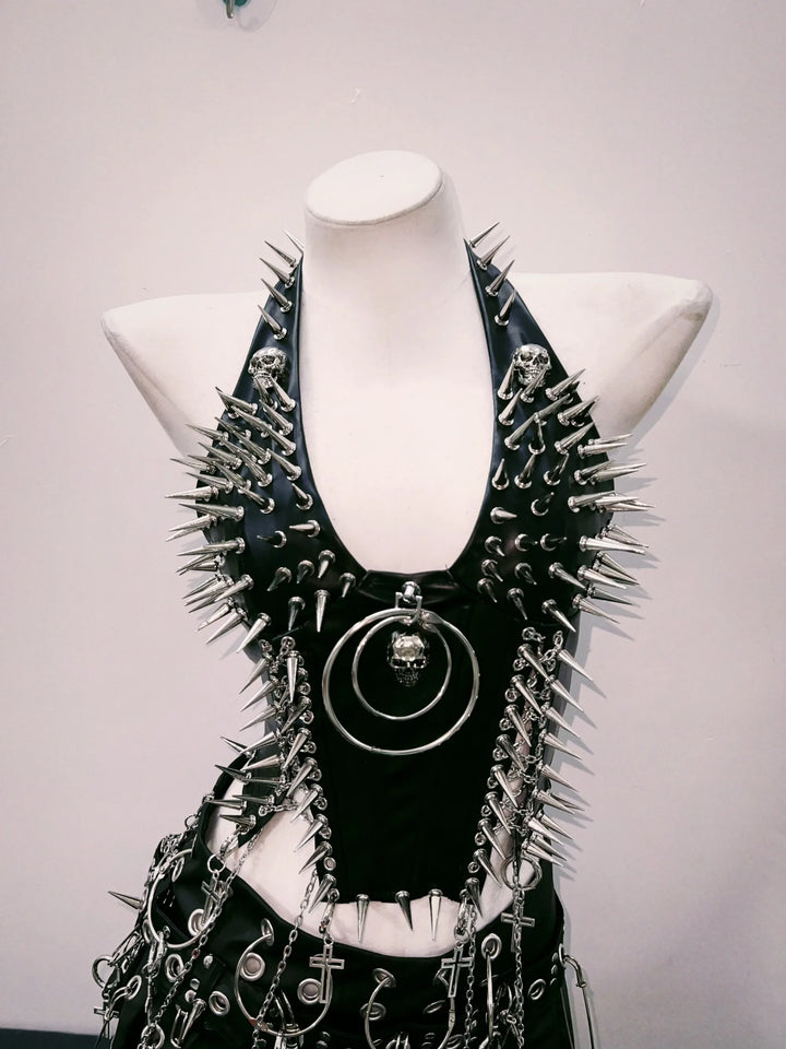 Punk Spiked Outfit Set - Crop Top & Skirt Dark Tiger