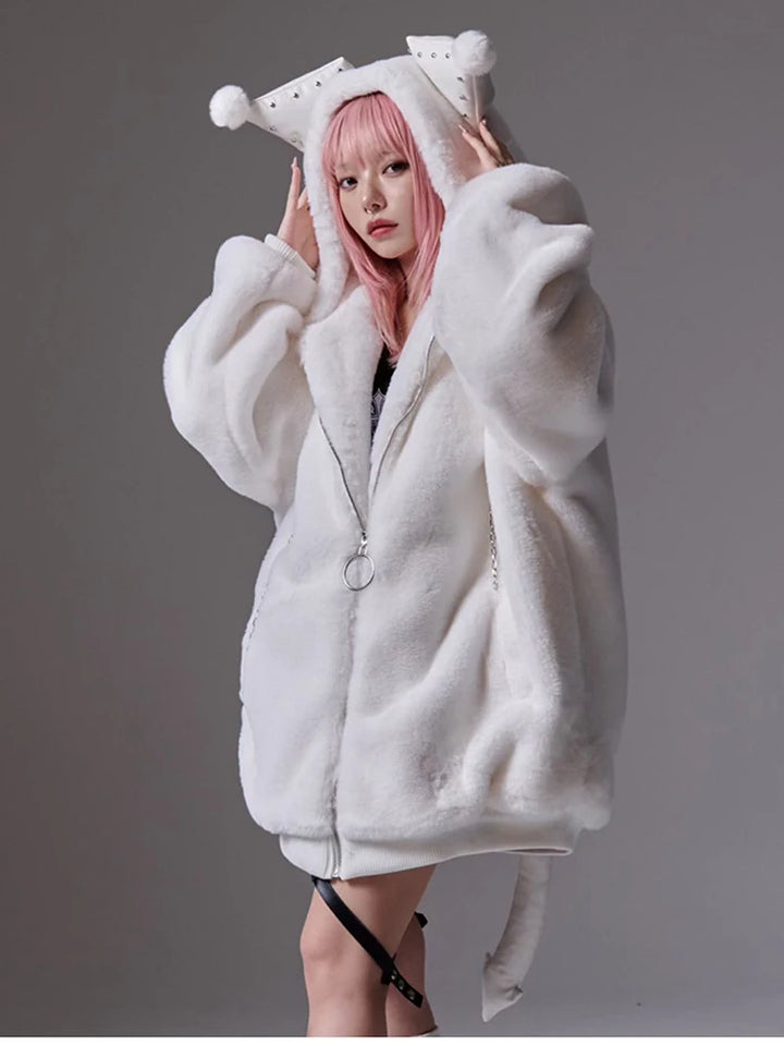 Kawaii Faux Fur Hooded Jacket with Ears Dark Tiger