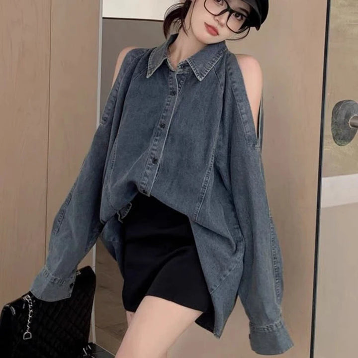 Retro Open Shoulders Oversized Denim Shirt Dark Tiger